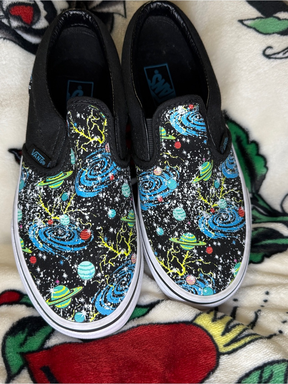 Vans Kids Black Space Print Slip-On Sneakers with Blue & Green Accents